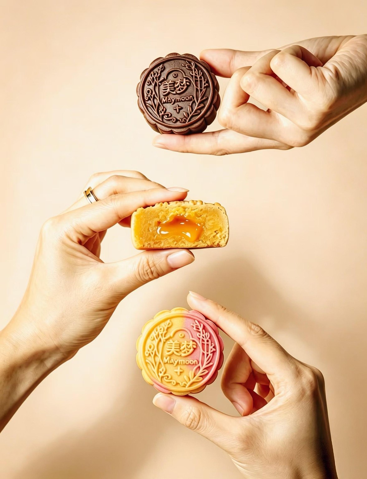 Mooncakes de Maymoon con sello de la marca y corte del relleno